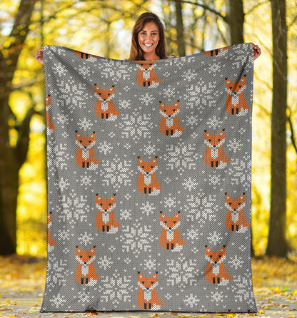 Knit Red Fox Pattern Print Design 02 Premium Blanket