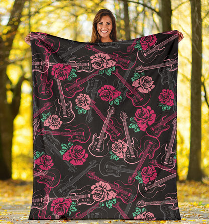 Bass Guitar Pink Rose Pattern Print Design 01 Premium Blanket