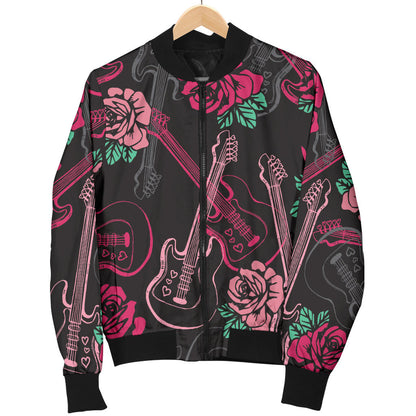 Bass Guitar Pink Rose Pattern Print Design 01 Men Bomber Jacket