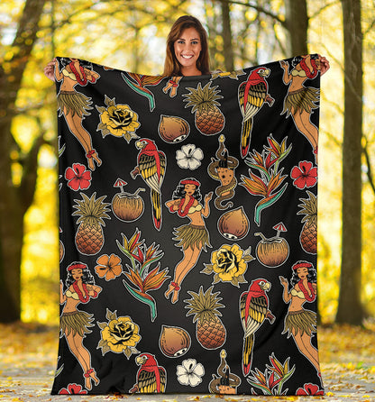 Hula Dancers Hawaiian Style Pattern Print Design 02 Premium Blanket