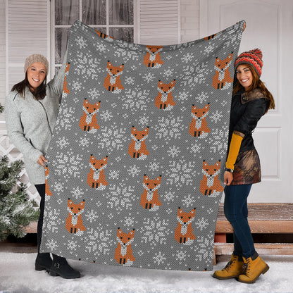 Knit Red Fox Pattern Print Design 02 Premium Blanket