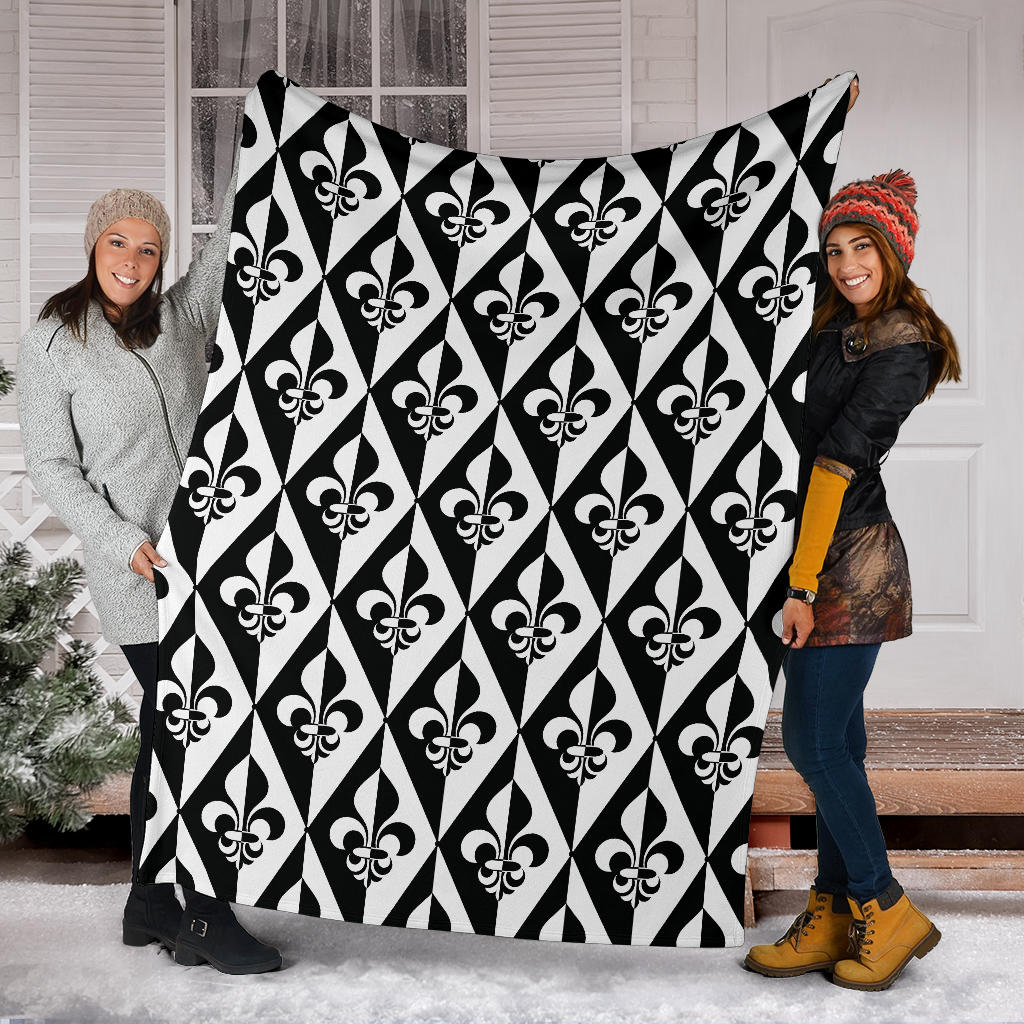 Fleur De Lis Black White Pattern Print Design 02 Premium Blanket