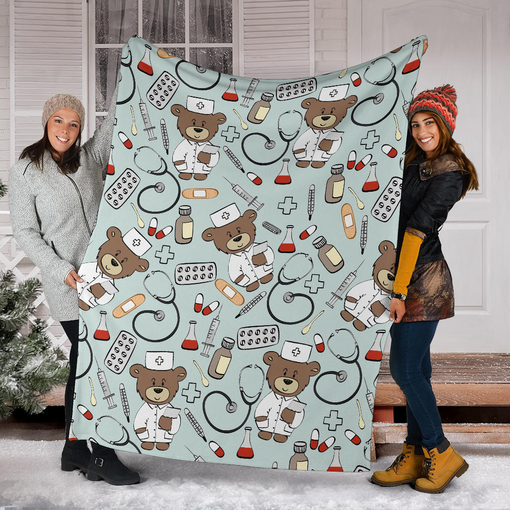 Nurse Bear Pattern Print Design A01 Premium Blanket