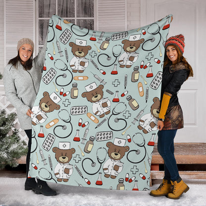 Nurse Bear Pattern Print Design A01 Premium Blanket