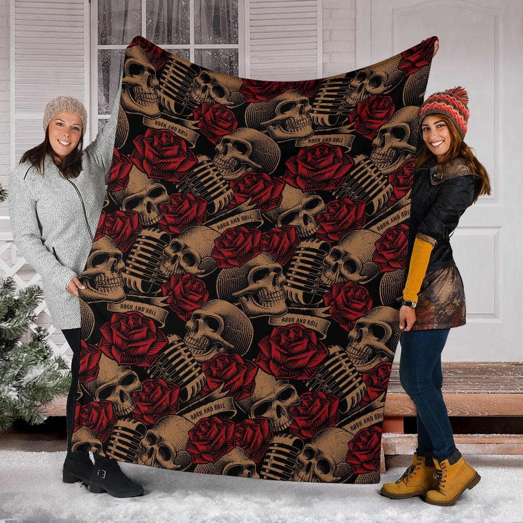 Microphone Skull Rose Pattern Print Design 02 Premium Blanket