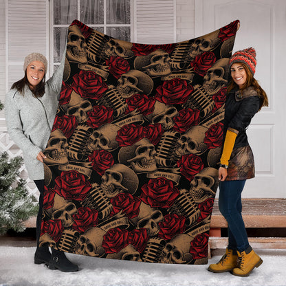 Microphone Skull Rose Pattern Print Design 02 Premium Blanket