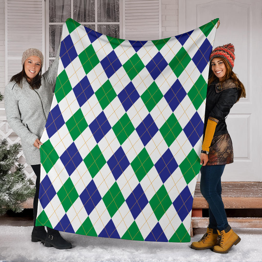 Argyle Green Blue Pattern Print Design 03 Premium Blanket