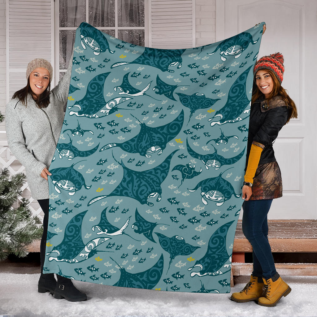 Manta Ray Tribal Pattern Print Design 03 Premium Blanket