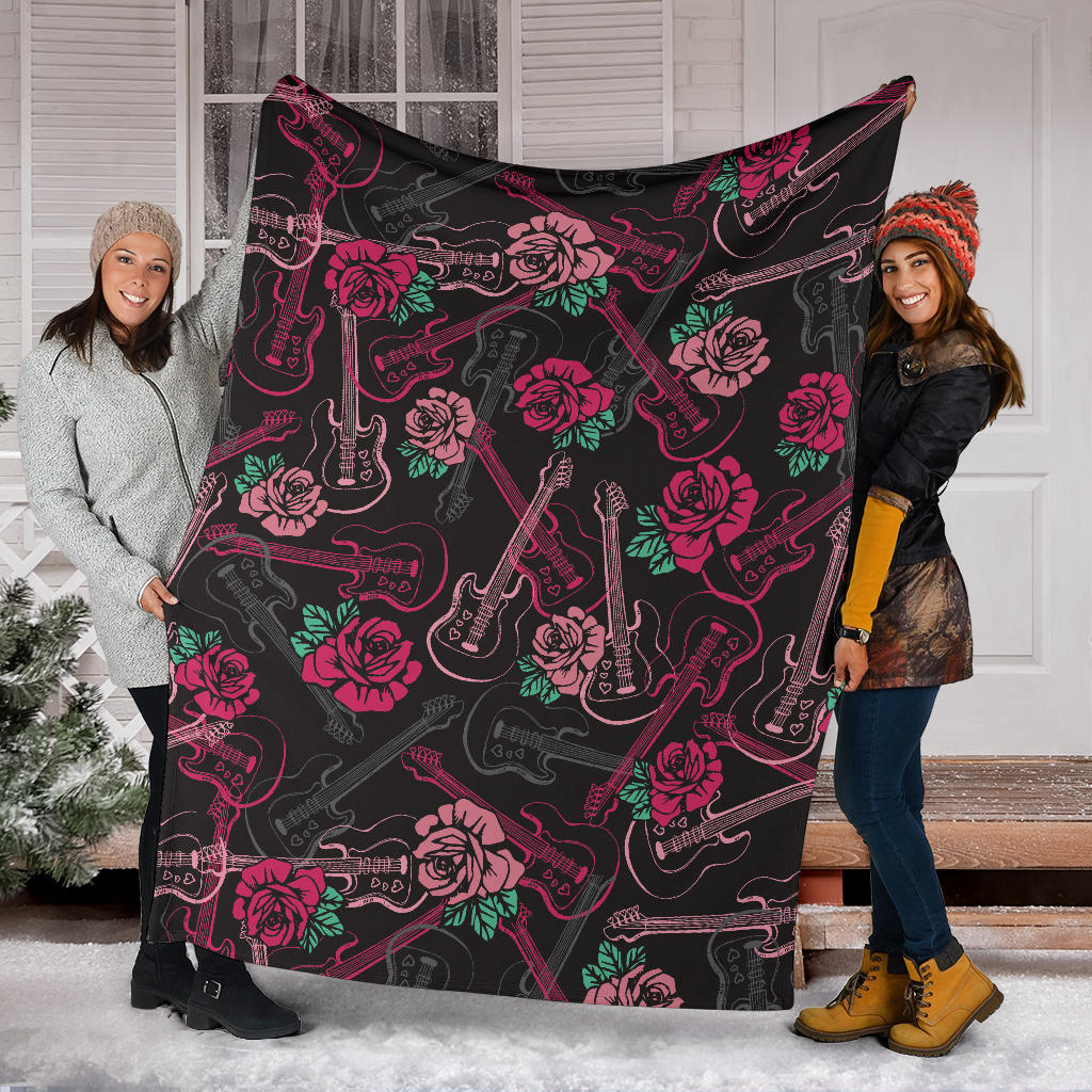 Bass Guitar Pink Rose Pattern Print Design 01 Premium Blanket
