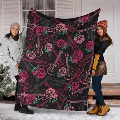 Bass Guitar Pink Rose Pattern Print Design 01 Premium Blanket