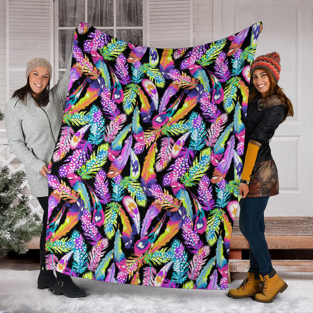 Neon Feather Pattern Print Design A02 Premium Blanket