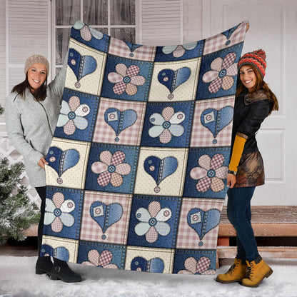 Patchwork Heart Flower Pattern Print Design 01 Premium Blanket