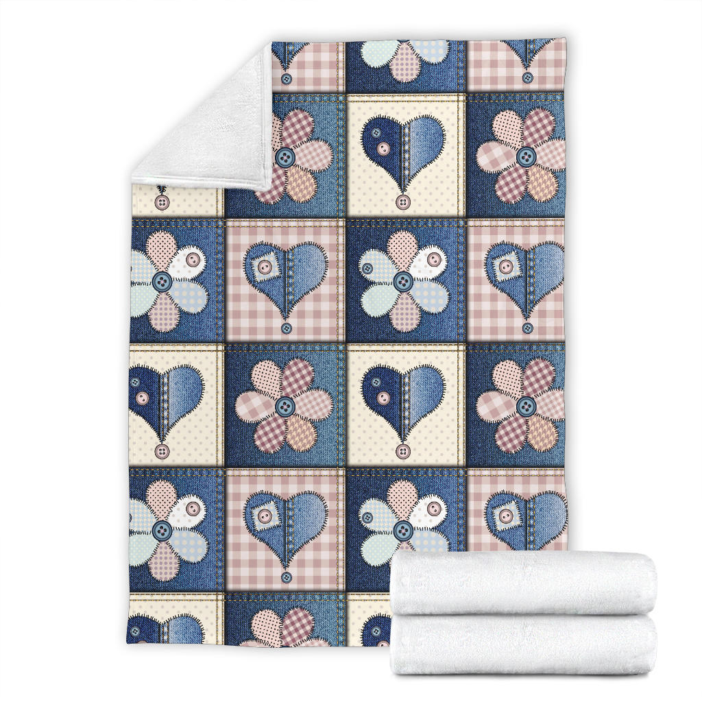 Patchwork Heart Flower Pattern Print Design 01 Premium Blanket
