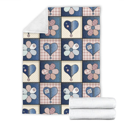 Patchwork Heart Flower Pattern Print Design 01 Premium Blanket