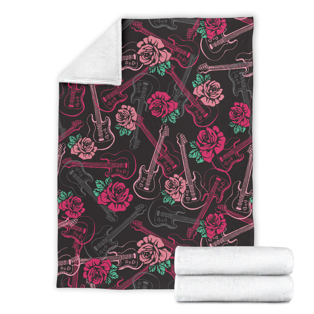 Bass Guitar Pink Rose Pattern Print Design 01 Premium Blanket