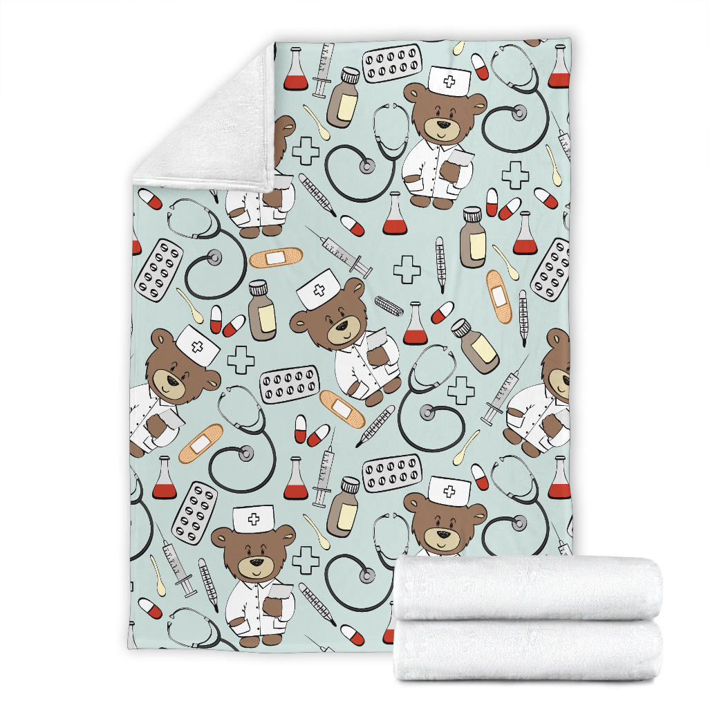 Nurse Bear Pattern Print Design A01 Premium Blanket