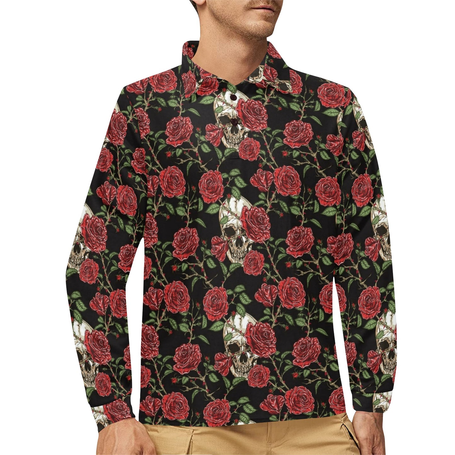 Skull And Roses Print Design LKS303 Long Sleeve Polo Shirt For Men's