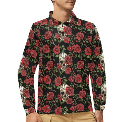 Skull And Roses Print Design LKS303 Long Sleeve Polo Shirt For Men's