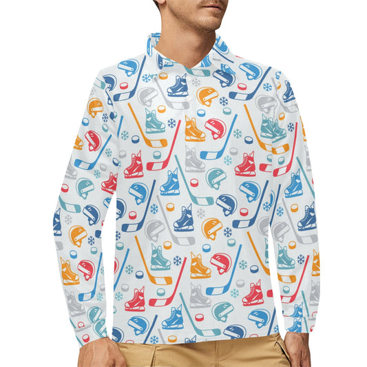 Hockey Equipment Print Design LKS301 Long Sleeve Polo Shirt For Men's