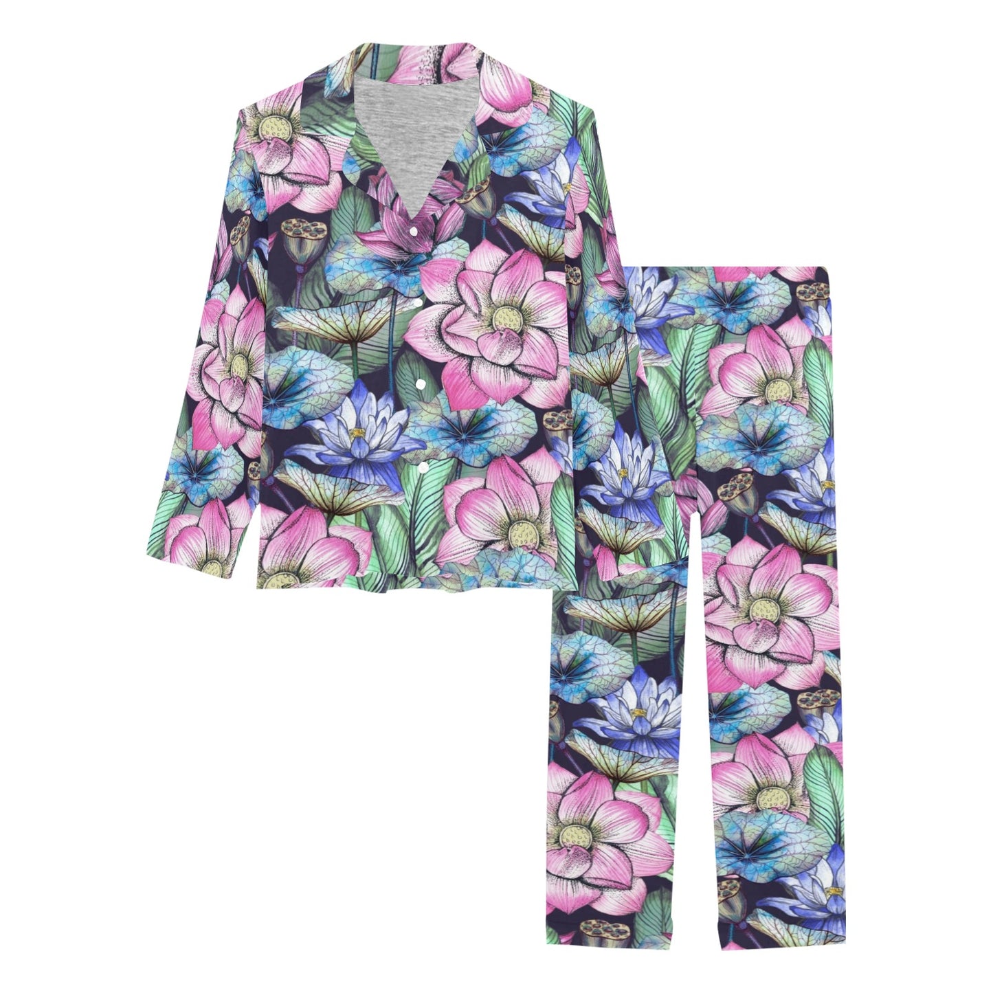 Water Lily Pattern Print Design WL07 Women's Long Pajama Set