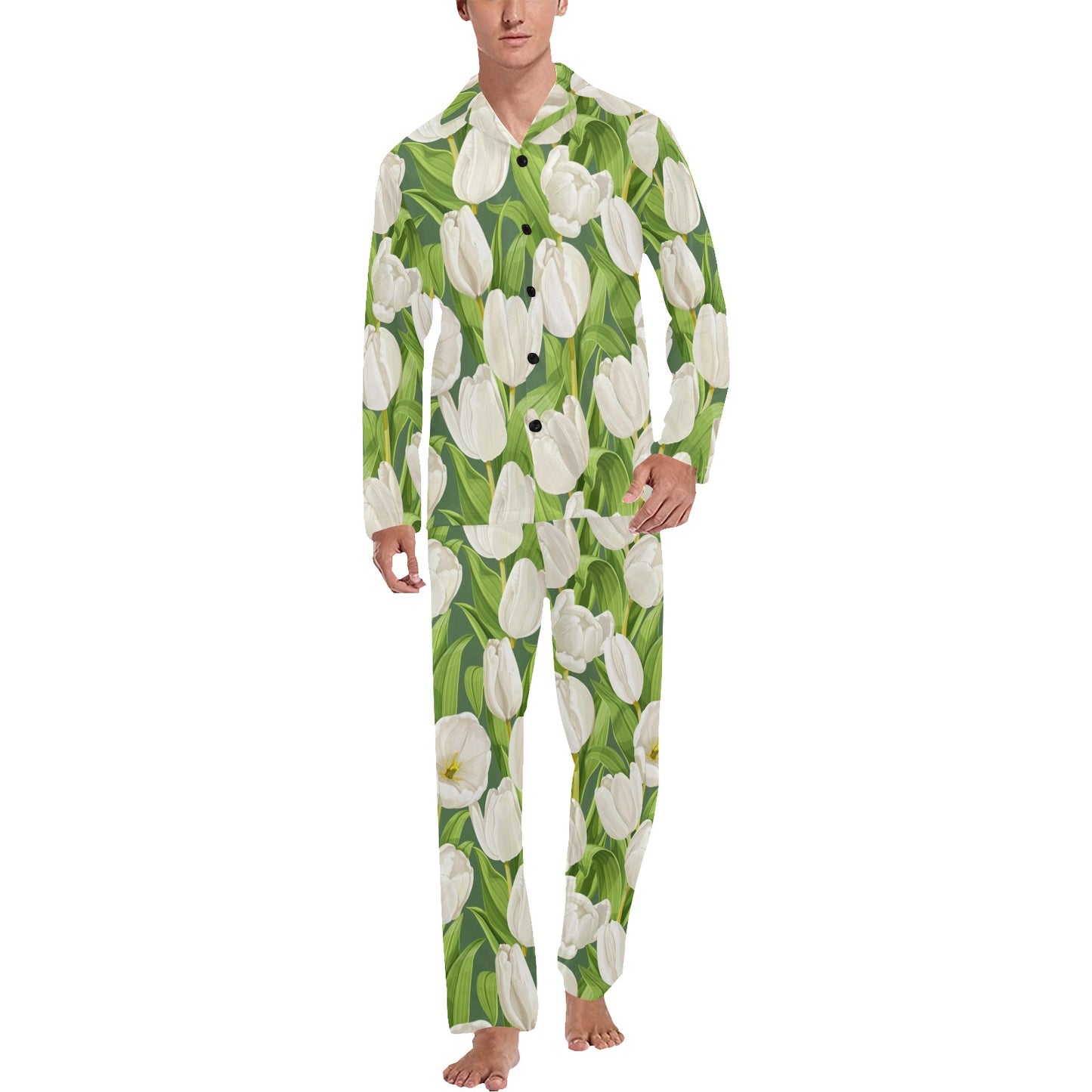 Tulip White Pattern Print Design TP05 Men's Long Pajama Set