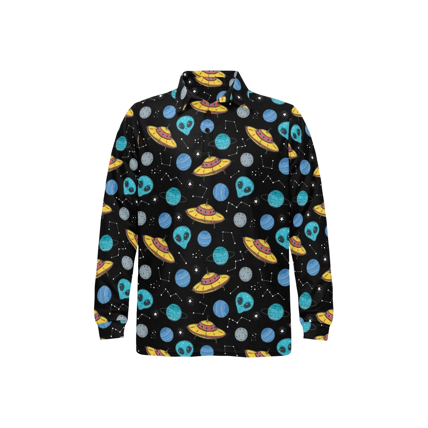 UFO Alien Print Design LKS306 Long Sleeve Polo Shirt For Men's
