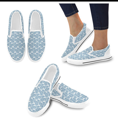 Wave Print Design LKS306 White Slip Ons Canvas Women's Shoes