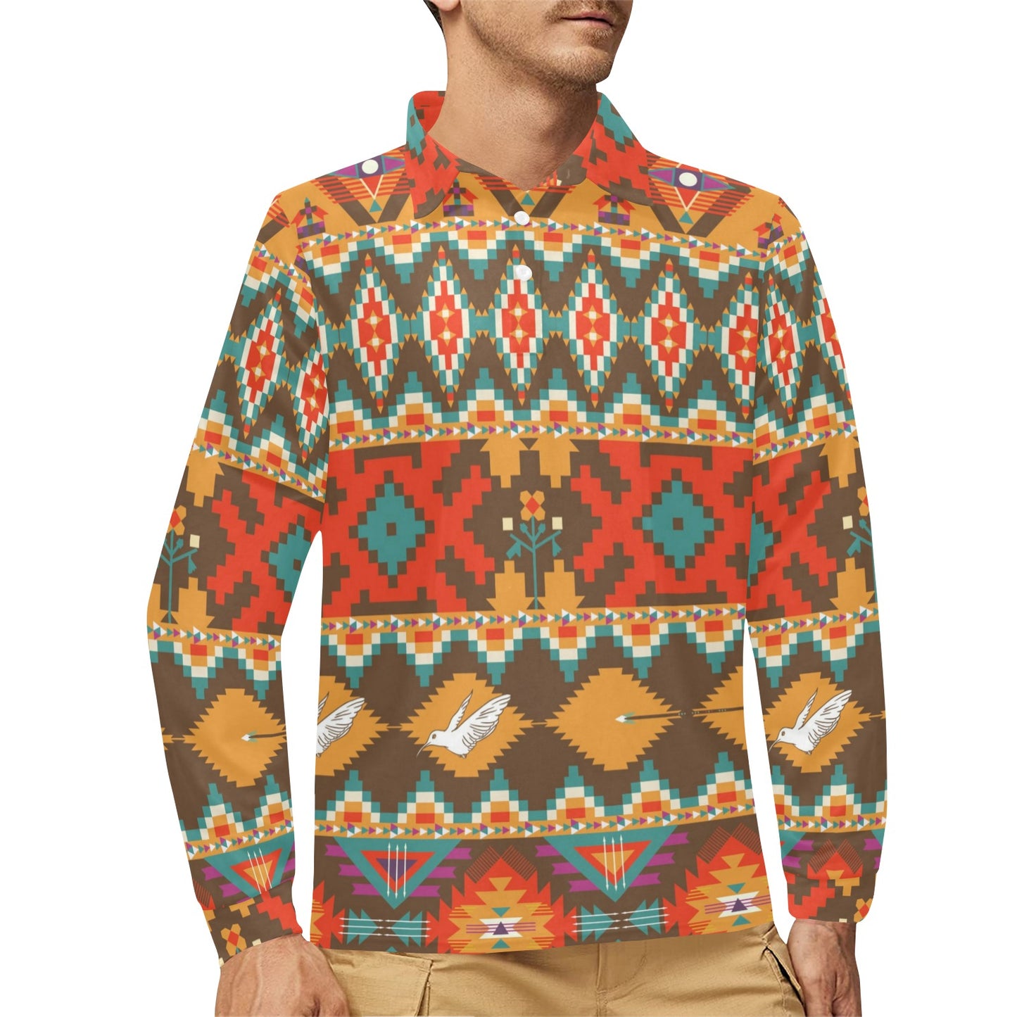 Native Pattern Print Design A01 Long Sleeve Polo Shirt For Men's