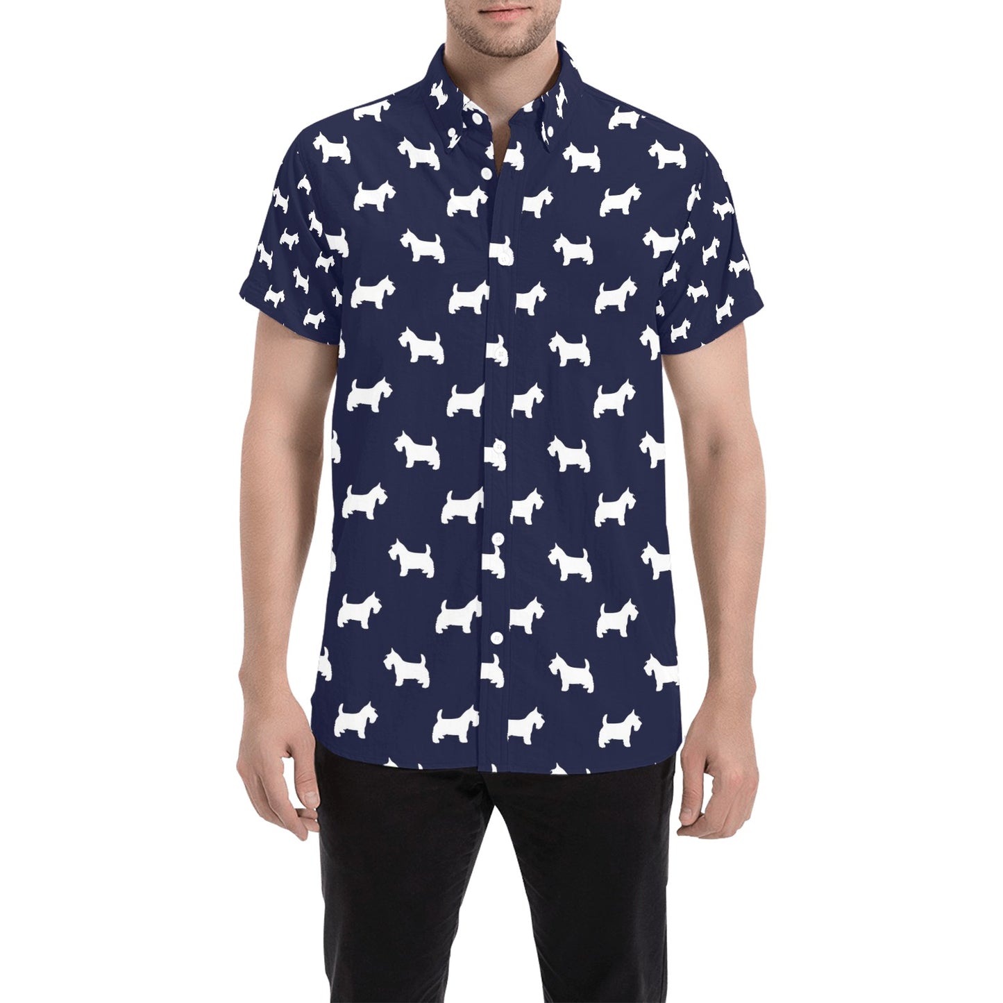 Scottish Terriers Print Design LKS3019 Men Short Sleeve Button Up Shirt