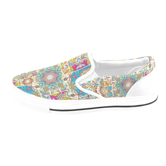Patchwork Print Design LKS402 White Slip Ons Canvas Women's Shoes