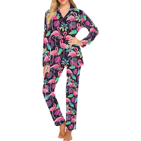 Flamingo Tropical leaves Neon Print Women's Long Pajama Set