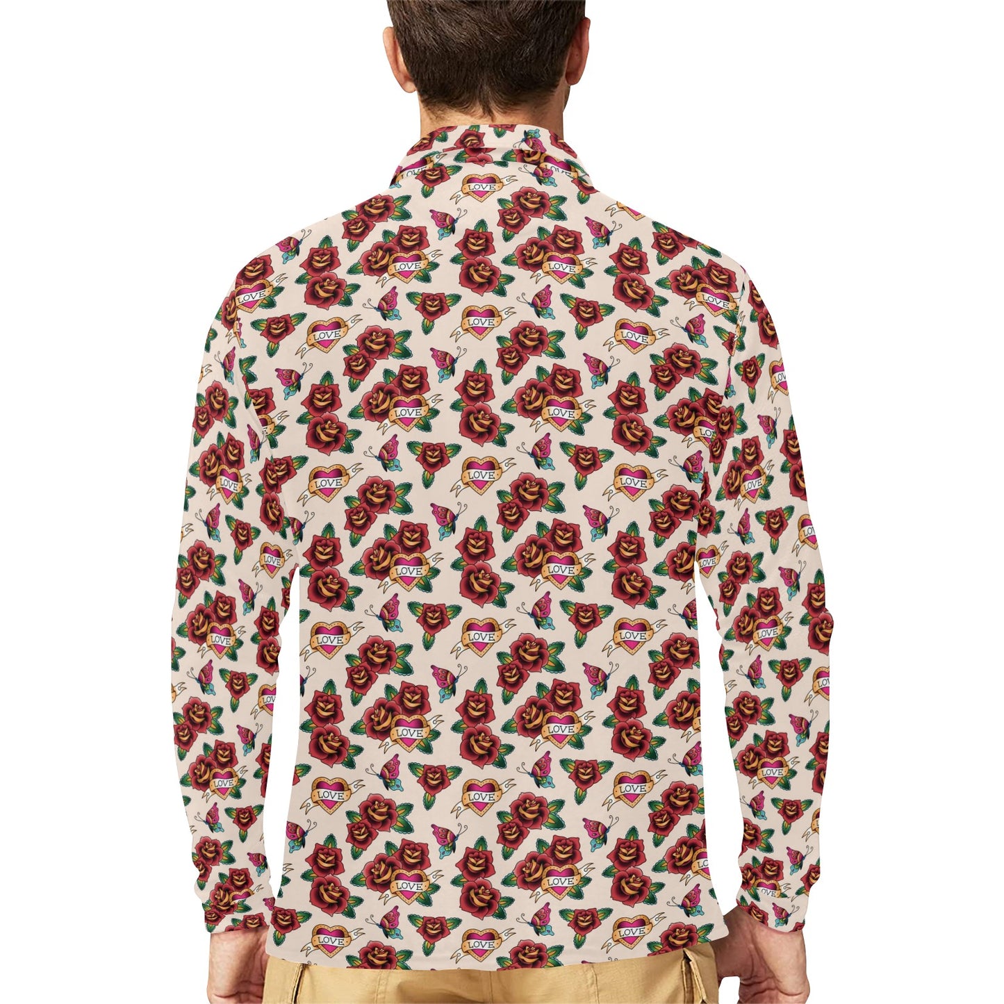 Old School Tattoo Rose Pattern Long Sleeve Polo Shirt For Men's