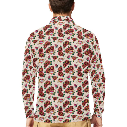 Old School Tattoo Rose Pattern Long Sleeve Polo Shirt For Men's