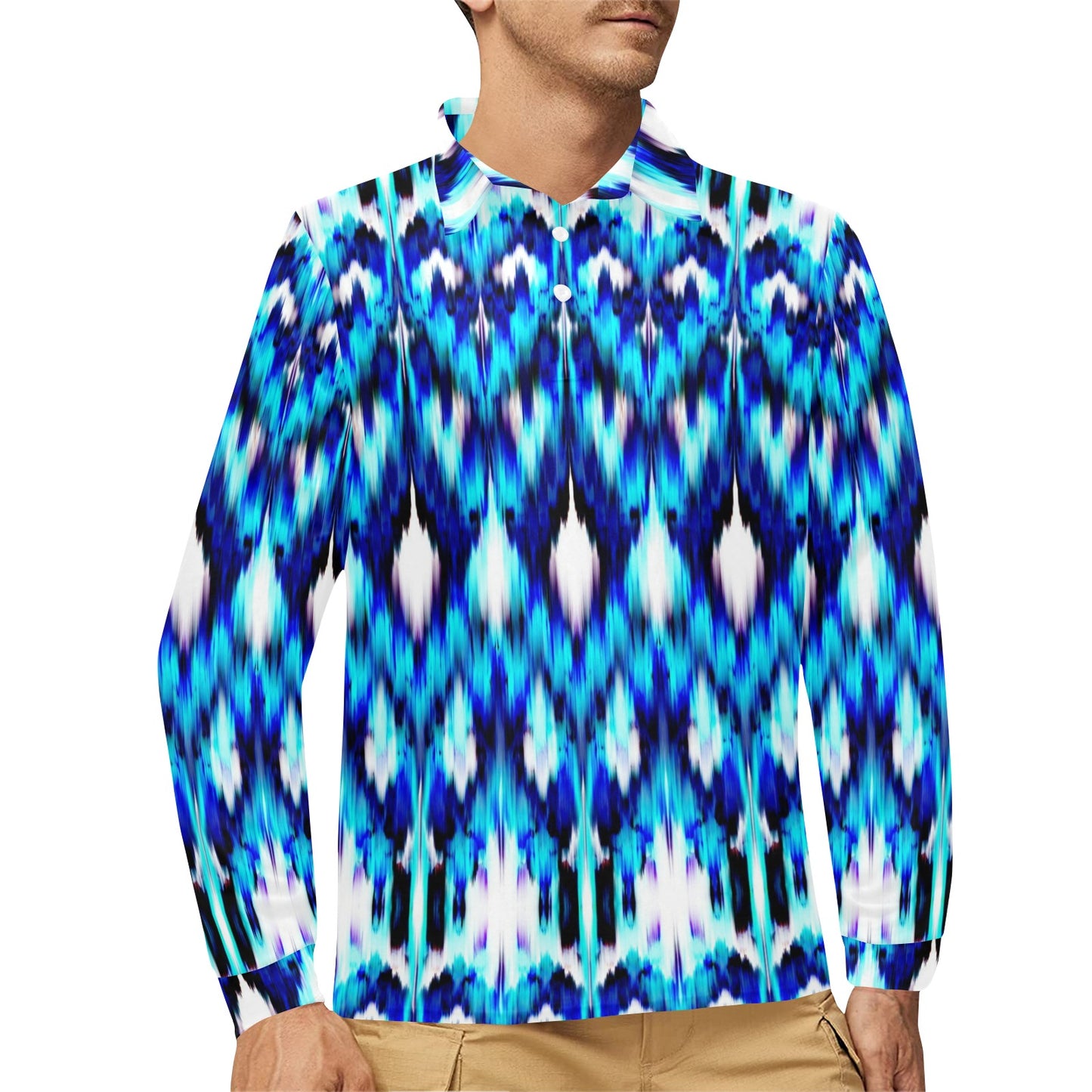 Ikat Blue Pattern Print Design 01 Long Sleeve Polo Shirt For Men's