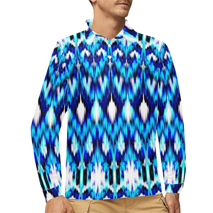 Ikat Blue Pattern Print Design 01 Long Sleeve Polo Shirt For Men's