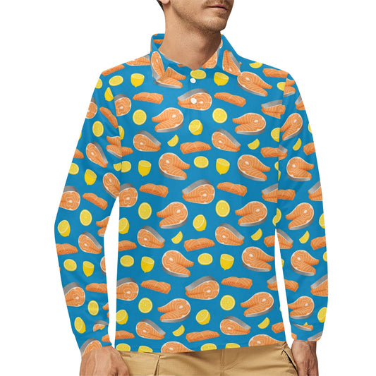 Salmon Steak With Lemon Print Design LKS308 Long Sleeve Polo Shirt For Men's