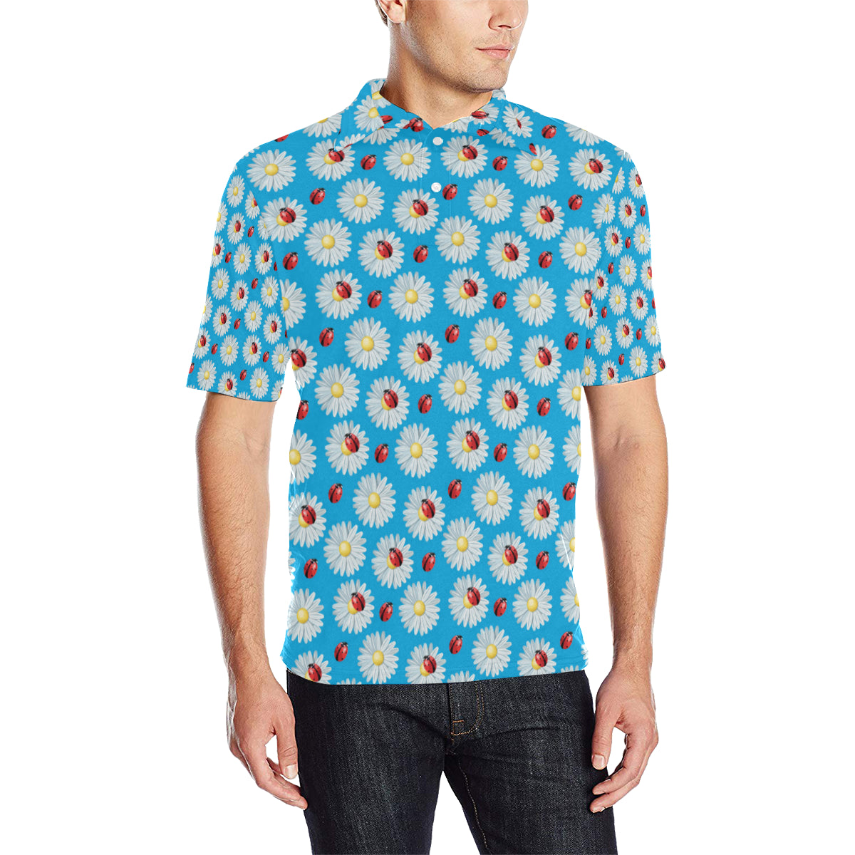 Ladybug with Daisy Themed Print Pattern Men Polo Shirt