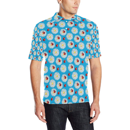 Ladybug with Daisy Themed Print Pattern Men Polo Shirt