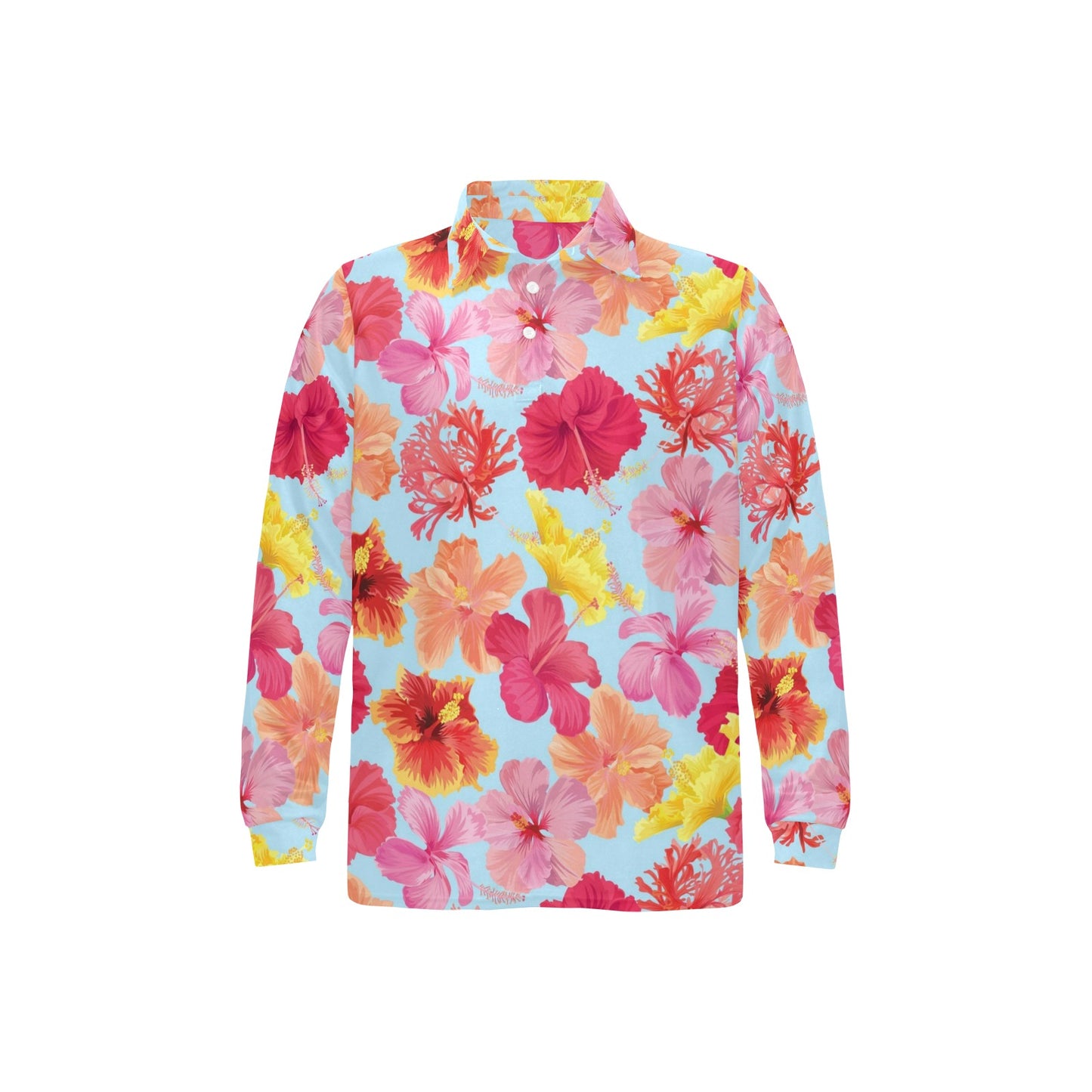 Hibiscus Pattern Print Design HB020 Long Sleeve Polo Shirt For Men's