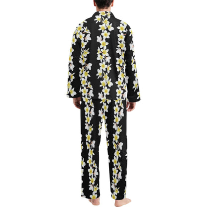 White Plumeria Pattern Print Design PM08 Men's Long Pajama Set