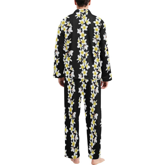 White Plumeria Pattern Print Design PM08 Men's Long Pajama Set
