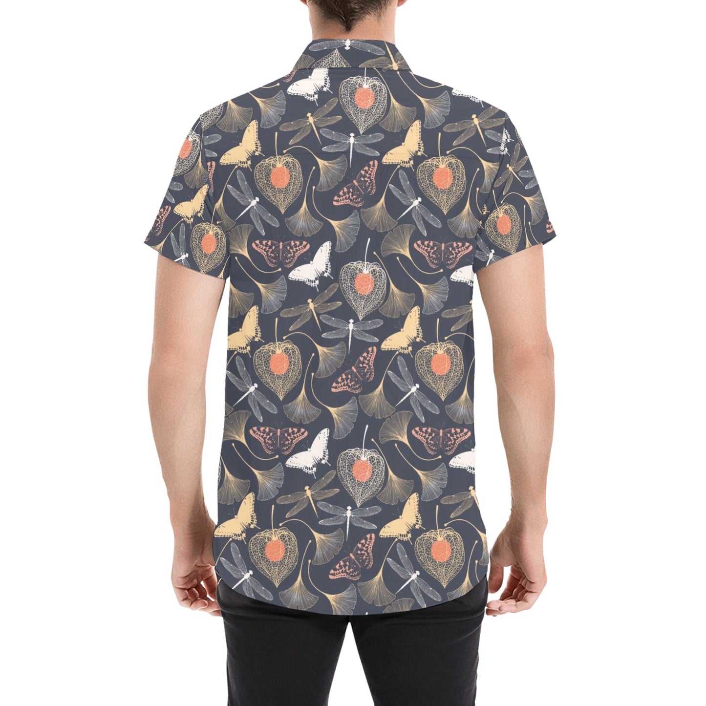 Dragonfly Print Design LKS404 Men Short Sleeve Button Up Shirt