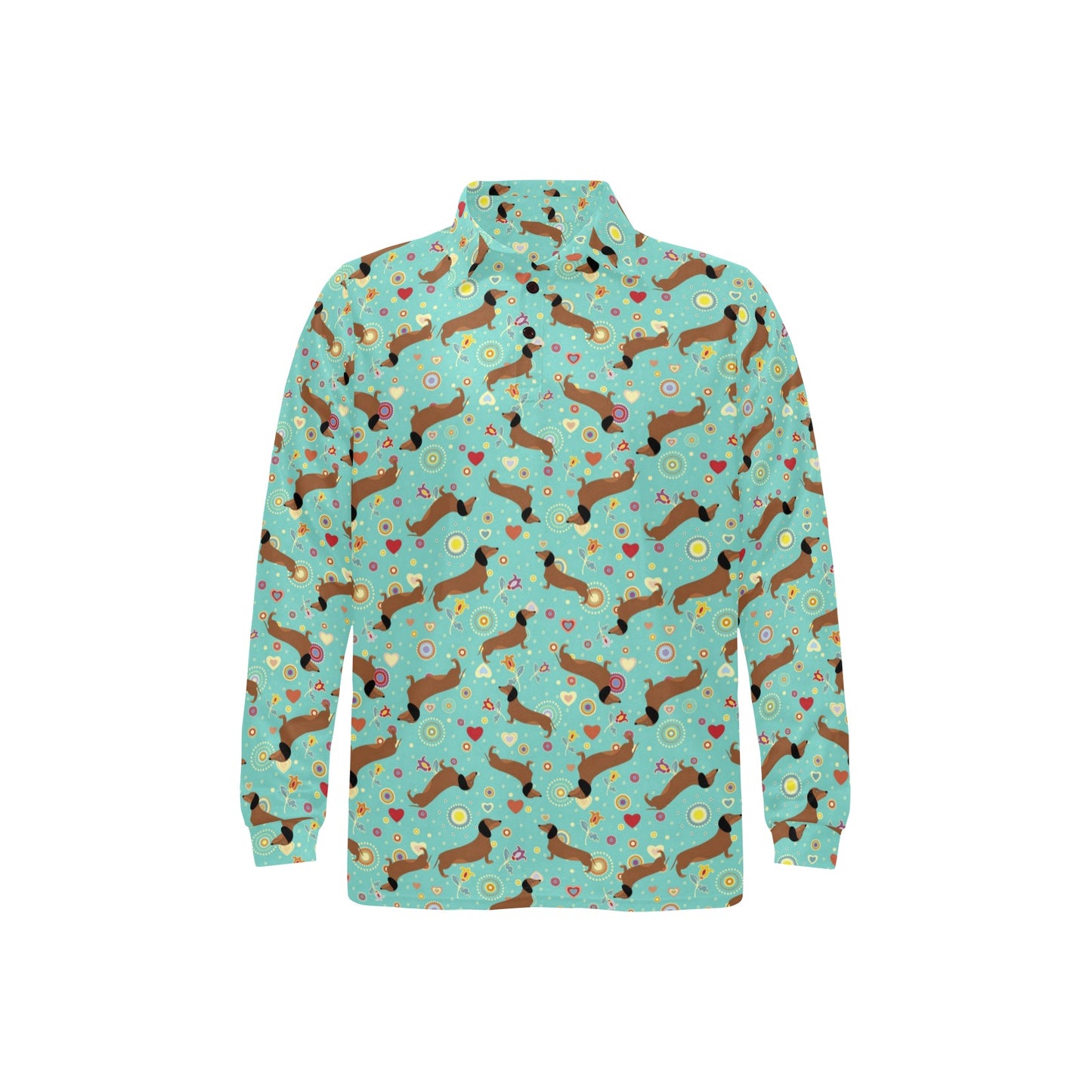Dachshund with Floral Print Pattern Long Sleeve Polo Shirt For Men's