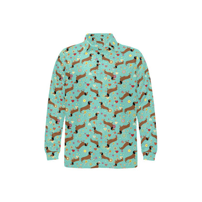 Dachshund with Floral Print Pattern Long Sleeve Polo Shirt For Men's