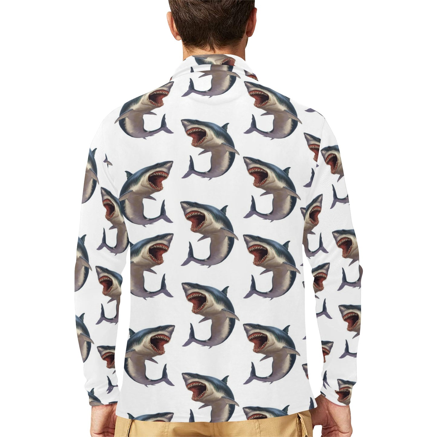 Great White Shark Pattern Print Design 03 Long Sleeve Polo Shirt For Men's