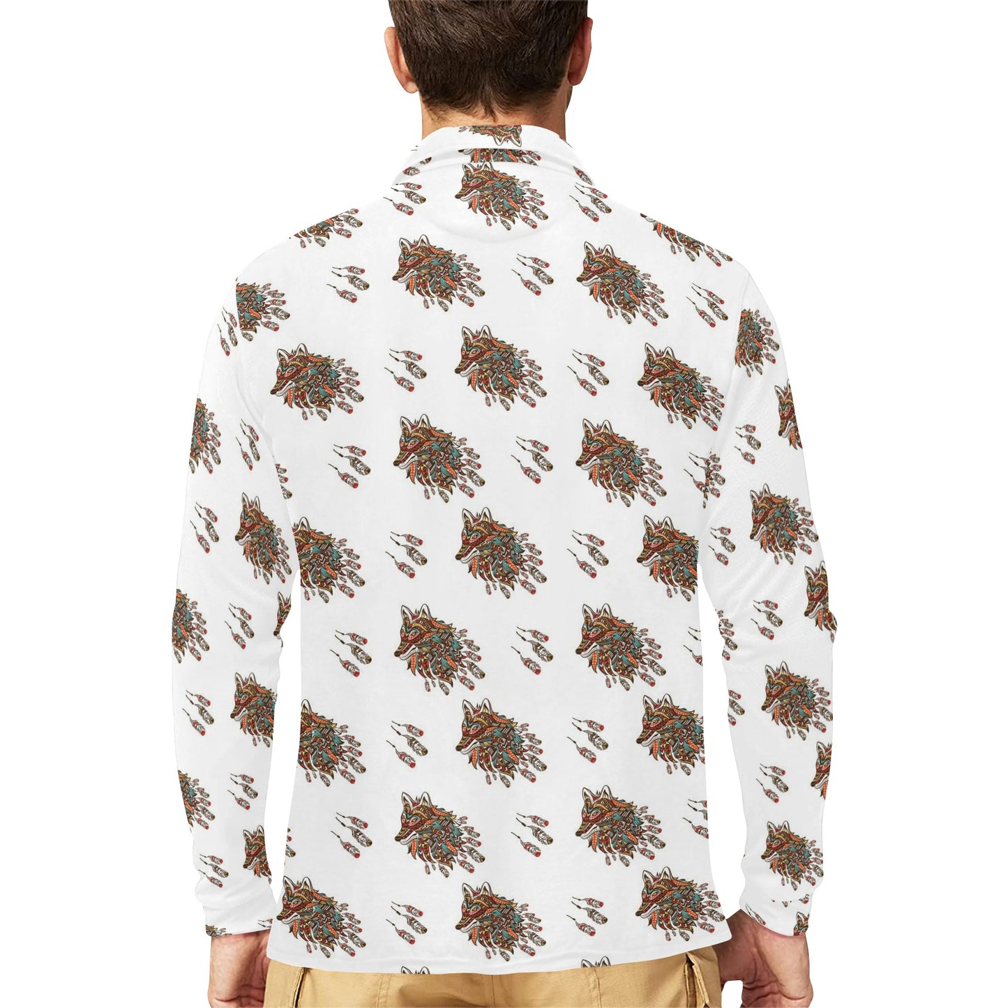 Aztec Wolf Pattern Print Design 02 Long Sleeve Polo Shirt For Men's