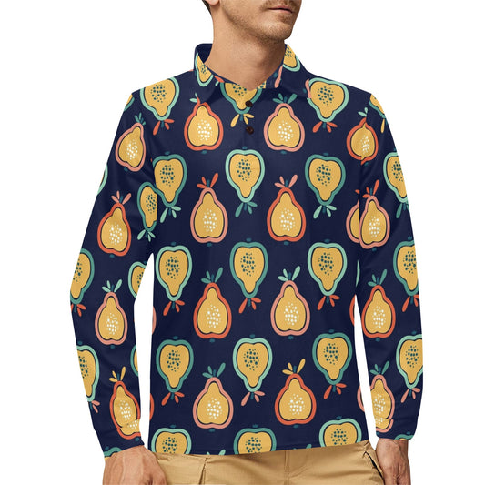 Pear Pattern Print Design PE03 Long Sleeve Polo Shirt For Men's