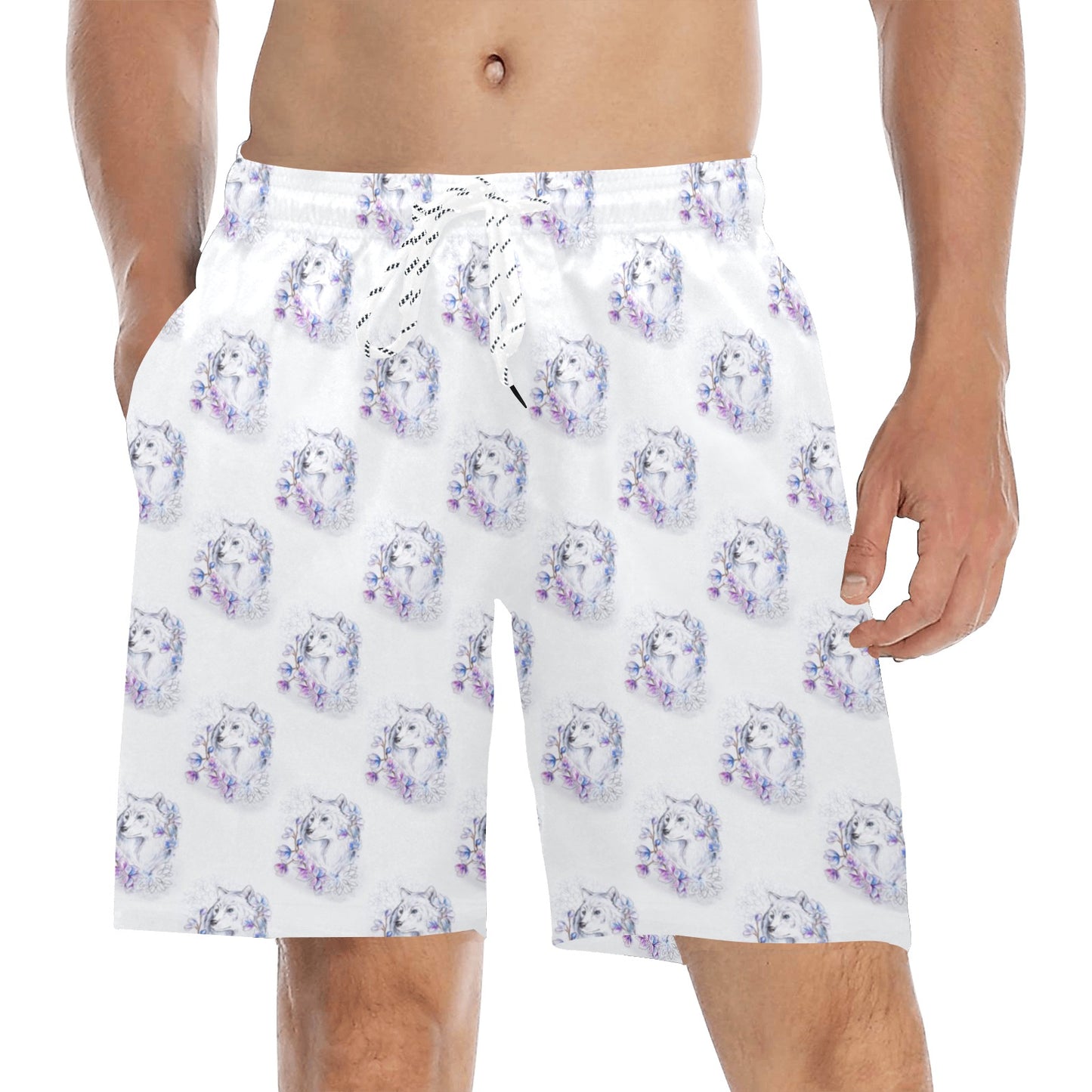 Wolf with Flower Print Design Men's Swim Trunks Beach Shorts
