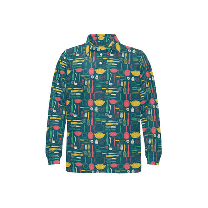 Cooking Kitchen Tools Pattern Print Design 01 Long Sleeve Polo Shirt For Men's