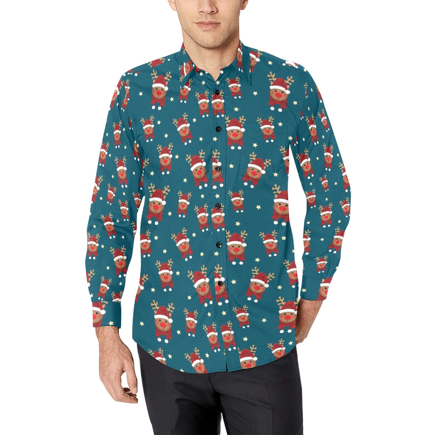 Reindeer Print Design LKS406 Men's Long Sleeve Dress Shirt